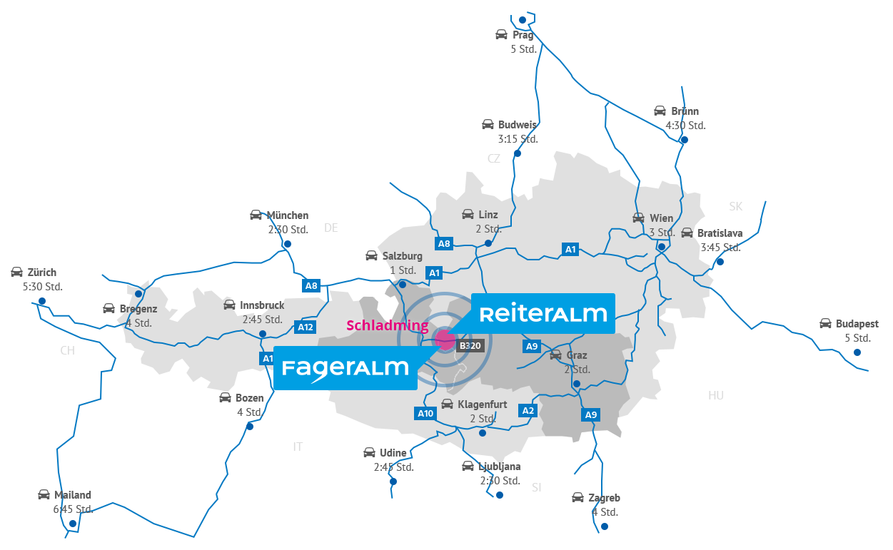 Karte mit Entfernungen zu umliegenden Städten